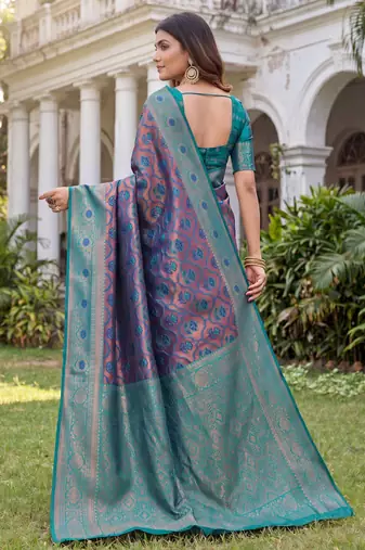 TURQUOISE ART SILK BANARASI JACUARD WORK SAREE WITH UNSTITCHED BLOUSE PIECE