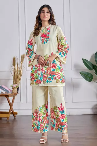 Beige cotton silk printed kurta set