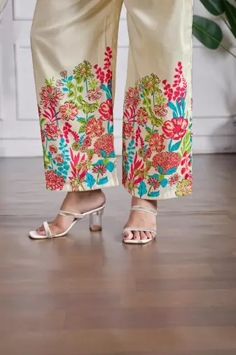 Beige cotton silk printed kurta set