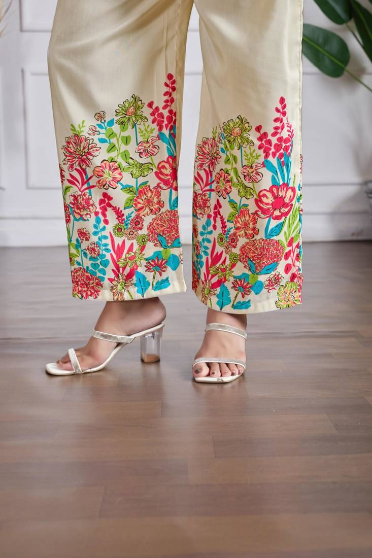Beige cotton silk printed kurta set
