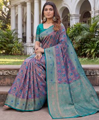 TURQUOISE ART SILK BANARASI JACUARD WORK SAREE WITH UNSTITCHED BLOUSE PIECE 3