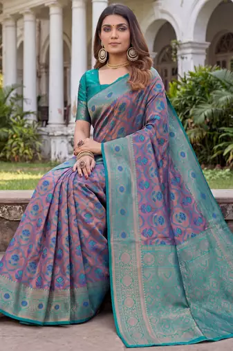 TURQUOISE ART SILK BANARASI JACUARD WORK SAREE WITH UNSTITCHED BLOUSE PIECE