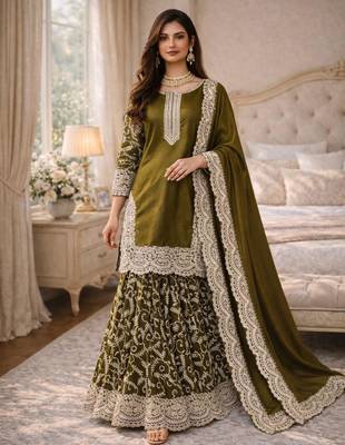Olive silk blend embroidered palazzo set 1