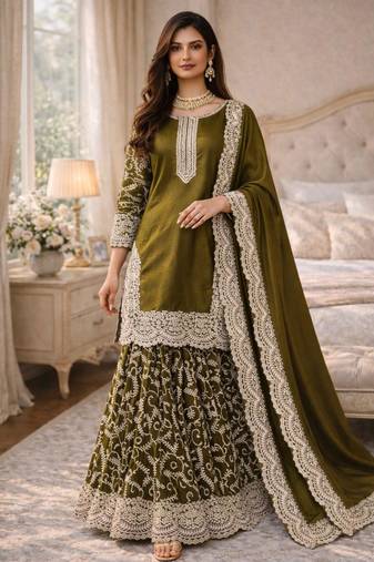 Olive silk blend embroidered palazzo set
