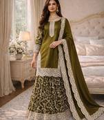 Olive silk blend embroidered palazzo set