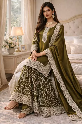 Olive silk blend embroidered palazzo set