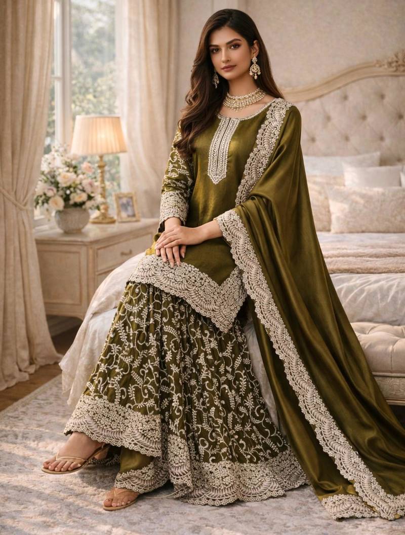 Olive silk blend embroidered palazzo set