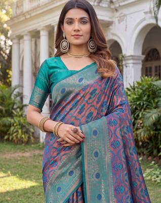 TURQUOISE ART SILK BANARASI JACUARD WORK SAREE WITH UNSTITCHED BLOUSE PIECE 4