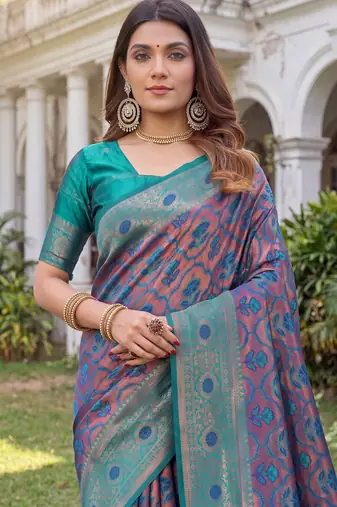 TURQUOISE ART SILK BANARASI JACUARD WORK SAREE WITH UNSTITCHED BLOUSE PIECE