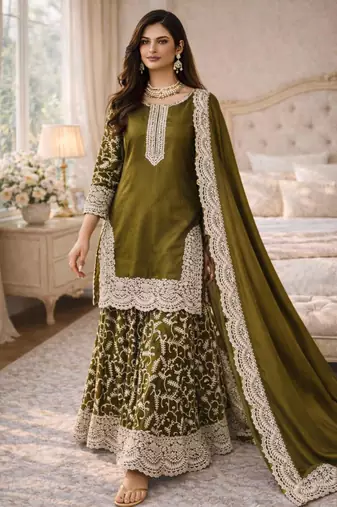 Olive silk blend embroidered palazzo set