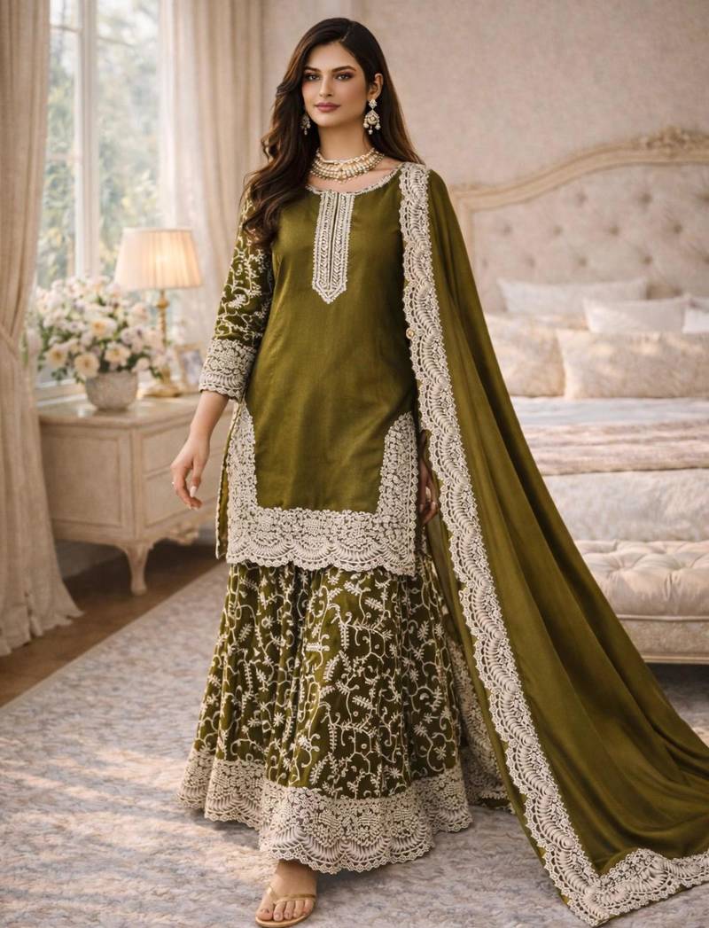 Olive silk blend embroidered palazzo set
