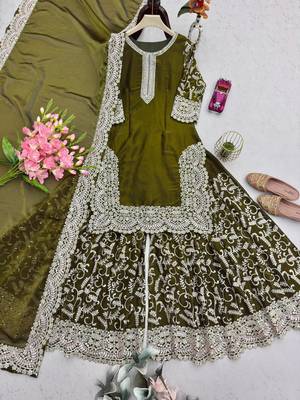 Olive silk blend embroidered palazzo set 4