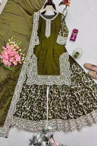 Olive silk blend embroidered palazzo set