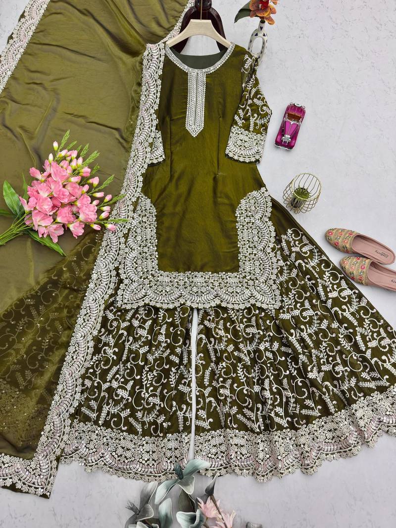 Olive silk blend embroidered palazzo set
