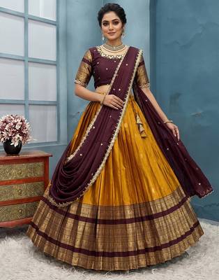 Mustard Half Saree Set with Maroon Embroidered Blouse & Dupatta 1