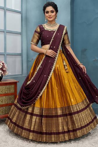 Mustard Half Saree Set with Maroon Embroidered Blouse & Dupatta