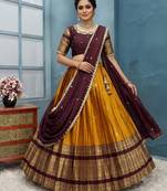 Mustard Half Saree Set with Maroon Embroidered Blouse & Dupatta