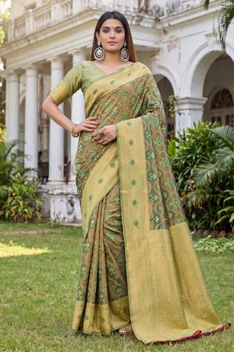 LIGHT GREEN ART SILK BANARASI JACUARD WORK SAREE WITH UNSTITCHED BLOUSE PIECE