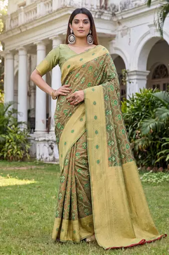 LIGHT GREEN ART SILK BANARASI JACUARD WORK SAREE WITH UNSTITCHED BLOUSE PIECE