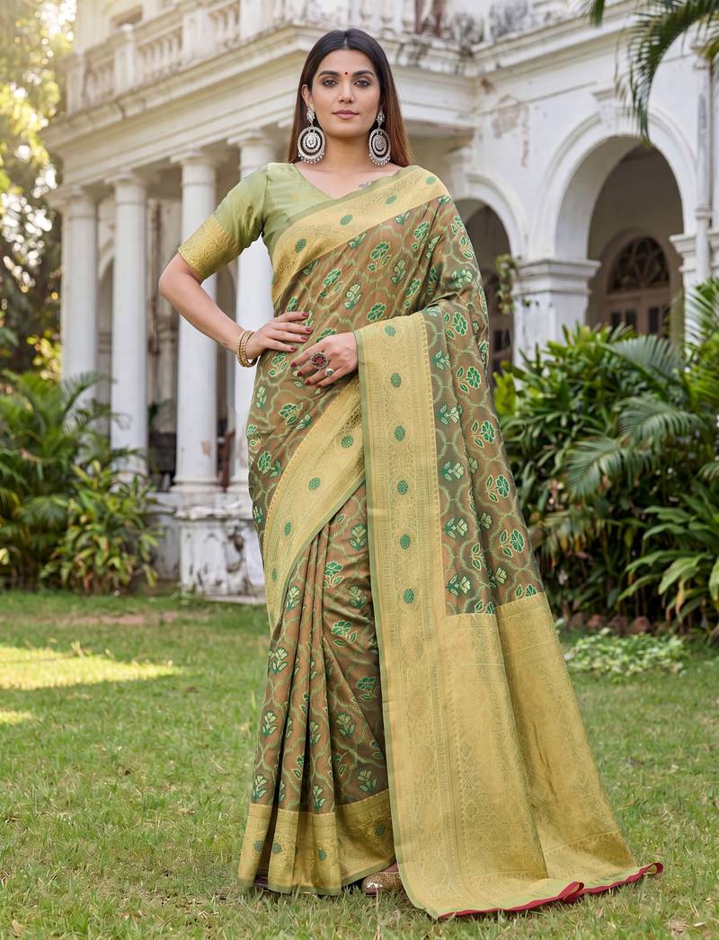 LIGHT GREEN ART SILK BANARASI JACUARD WORK SAREE WITH UNSTITCHED BLOUSE PIECE
