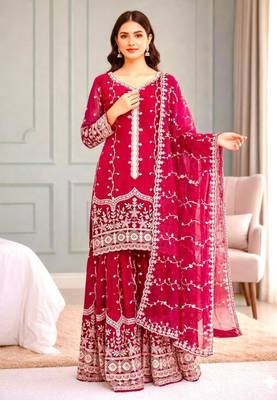 Red silk blend embroidered palazzo set 1