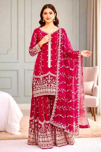 Red silk blend embroidered palazzo set