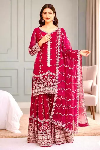 Red silk blend embroidered palazzo set