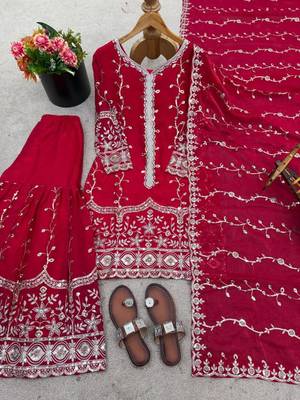 Red silk blend embroidered palazzo set 2