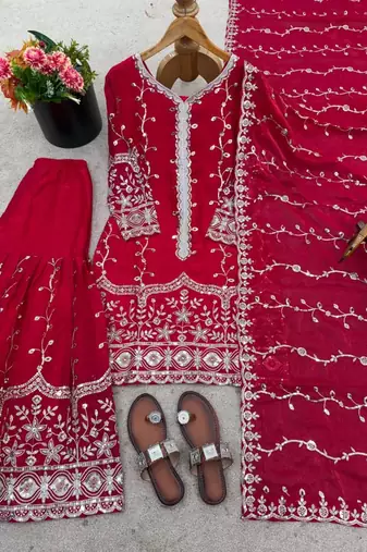 Red silk blend embroidered palazzo set