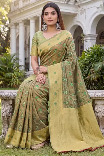 LIGHT GREEN ART SILK BANARASI JACUARD WORK SAREE WITH UNSTITCHED BLOUSE PIECE