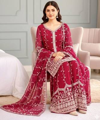 Red silk blend embroidered palazzo set 4