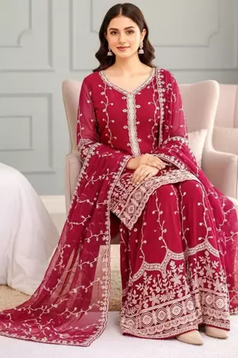 Red silk blend embroidered palazzo set