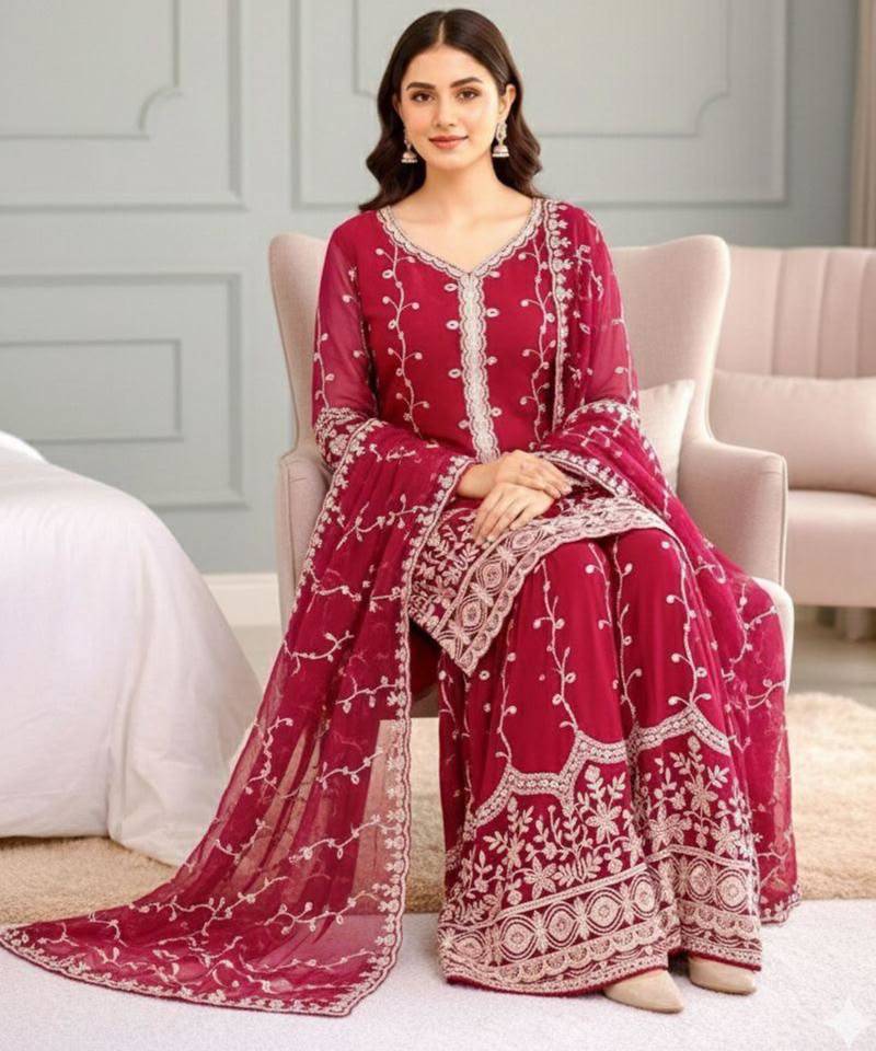 Red silk blend embroidered palazzo set