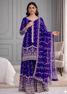Royal-blue silk blend embroidered palazzo set 1