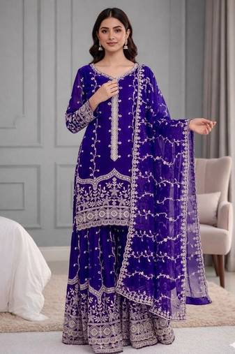 Royal-blue silk blend embroidered palazzo set