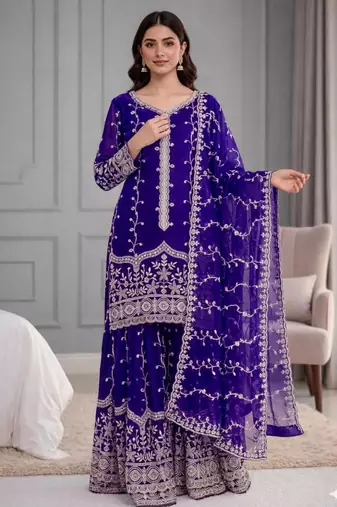 Royal-blue silk blend embroidered palazzo set
