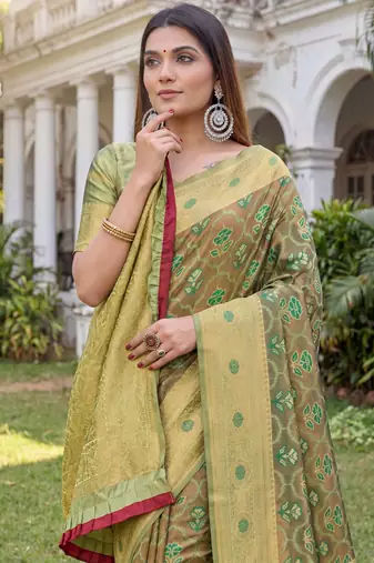 LIGHT GREEN ART SILK BANARASI JACUARD WORK SAREE WITH UNSTITCHED BLOUSE PIECE