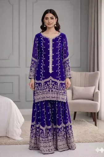 Royal-blue silk blend embroidered palazzo set