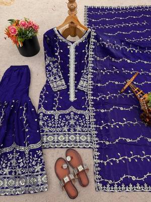 Royal-blue silk blend embroidered palazzo set 3