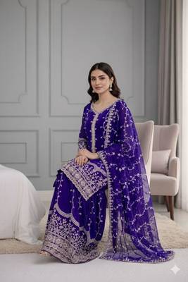 Royal-blue silk blend embroidered palazzo set 4