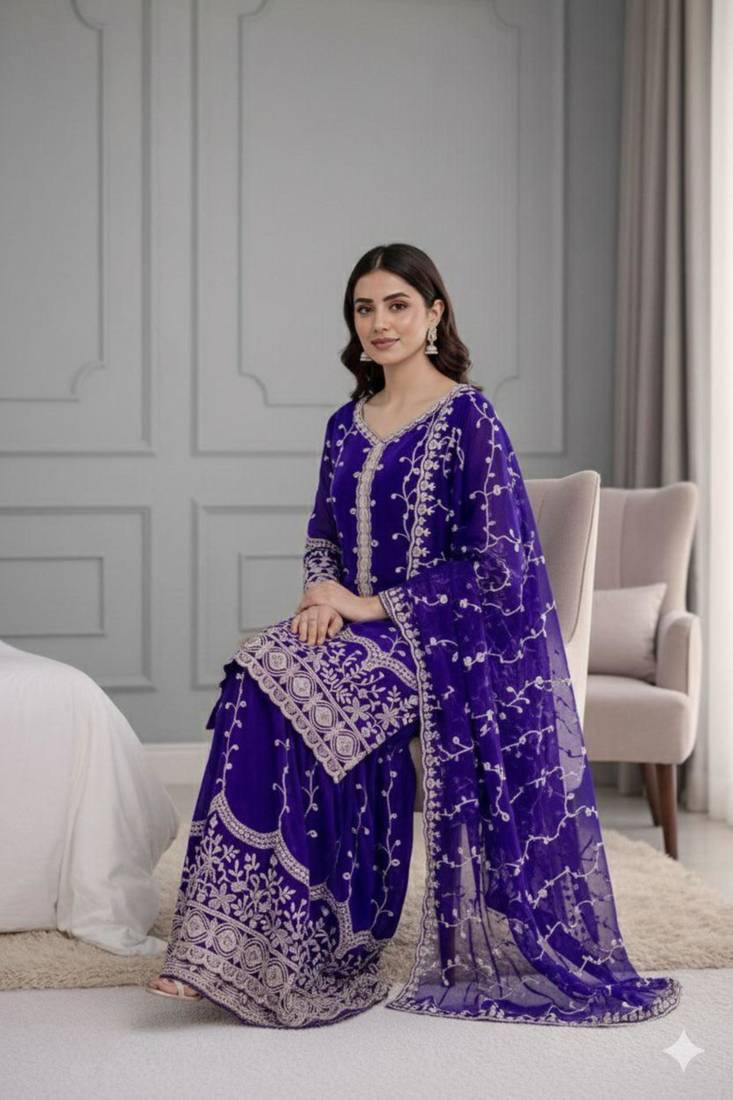 Royal-blue silk blend embroidered palazzo set