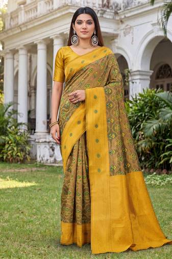 GREEN MUSTARD ART SILK BANARASI JACUARD WORK SAREE WITH UNSTITCHED BLOUSE PIECE