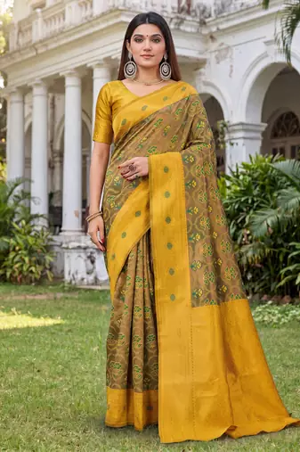 GREEN MUSTARD ART SILK BANARASI JACUARD WORK SAREE WITH UNSTITCHED BLOUSE PIECE
