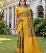 GREEN MUSTARD ART SILK BANARASI JACUARD WORK SAREE WITH UNSTITCHED BLOUSE PIECE
