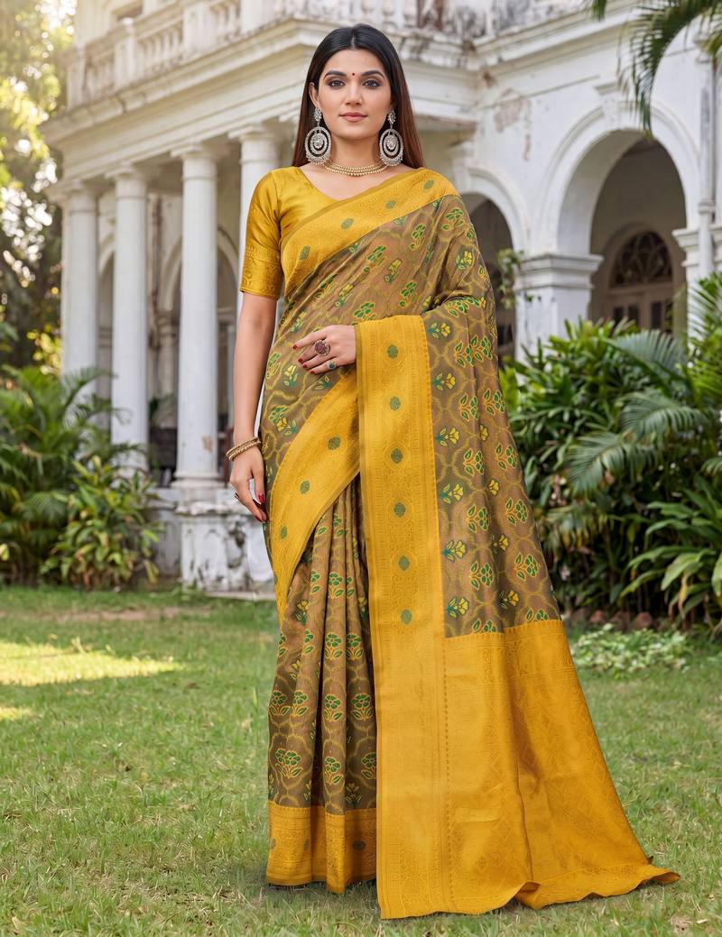 GREEN MUSTARD ART SILK BANARASI JACUARD WORK SAREE WITH UNSTITCHED BLOUSE PIECE