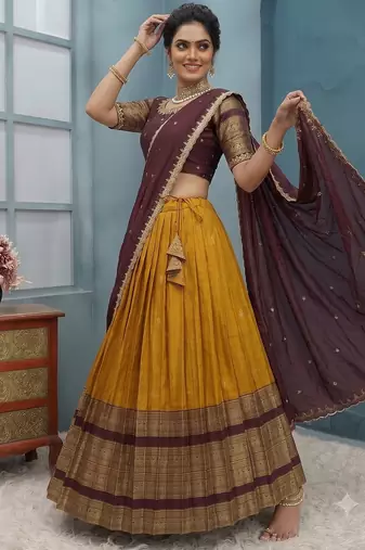 Mustard Half Saree Set with Maroon Embroidered Blouse & Dupatta