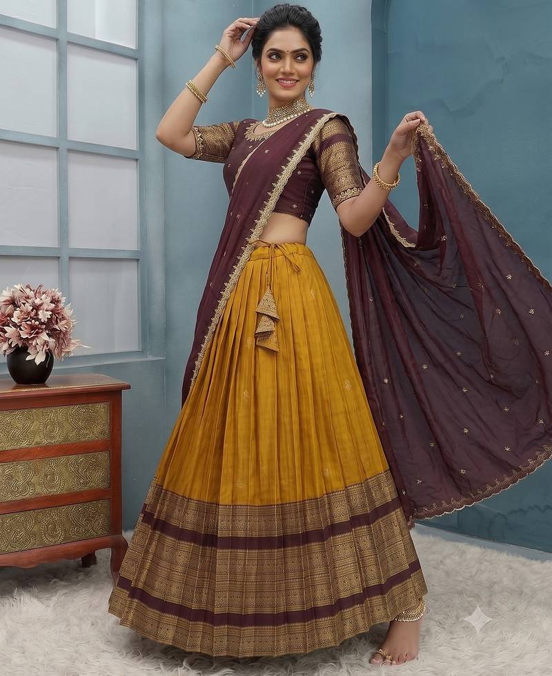 Mustard Half Saree Set with Maroon Embroidered Blouse & Dupatta