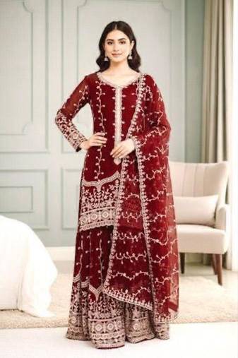Maroon silk blend embroidered palazzo set