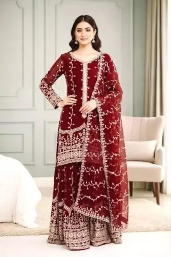 Maroon silk blend embroidered palazzo set