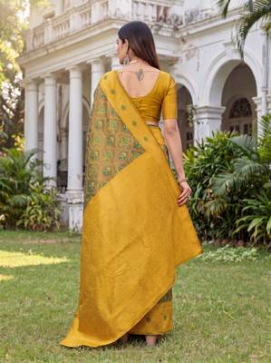 GREEN MUSTARD ART SILK BANARASI JACUARD WORK SAREE WITH UNSTITCHED BLOUSE PIECE 2